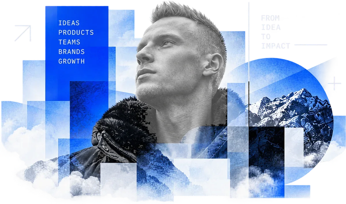 Sven, collaged with mountains, clouds and blue blocks listing ideas, products, teams, brands and growth